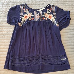 Altar'd State Navy Top with Embroidered and Lace Accents